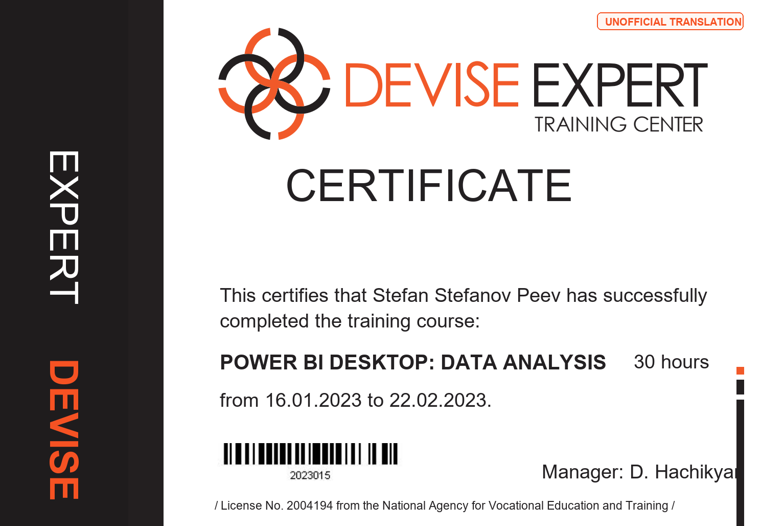 English translation of Power BI Desktop certificate from Devise Expert Training Center