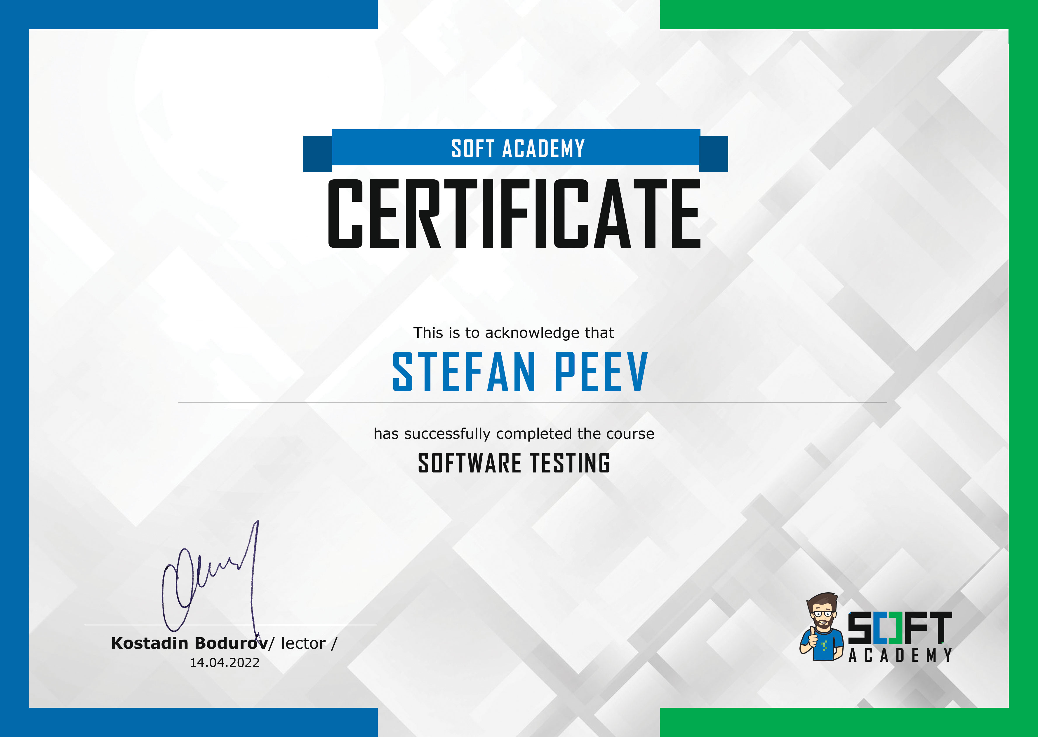 Software Testing certificate from Soft Academy
