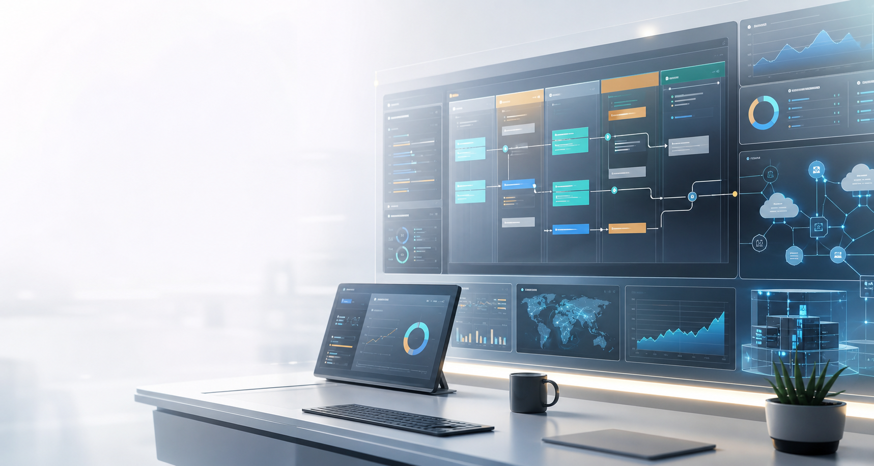 Abstract IT operations dashboard with workflows and service panels
