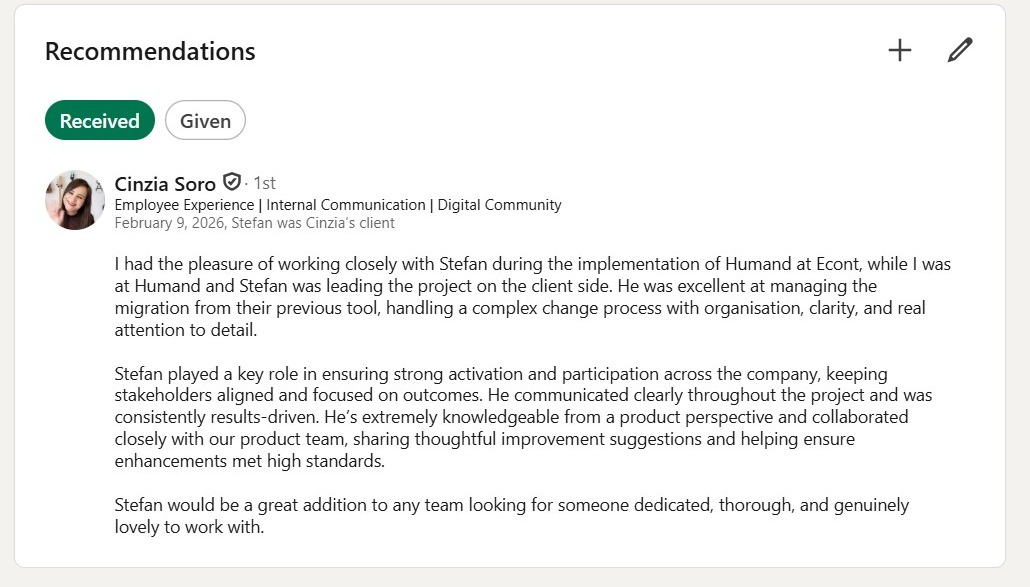LinkedIn recommendation from Cinzia Soro for Stefan Peev